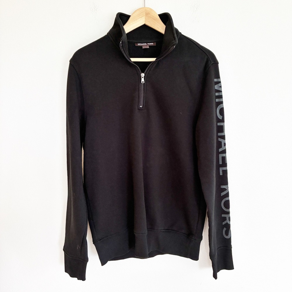Michael Kors 1/4 Zip Sweatshirt Mens M Black Logo Sleeve Pullover Luxury
